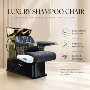 Luxury Black Gold Shampoo Backwash Unit Salon Shampoo Chair with Electroplated Gold Basin Upholstered Seat