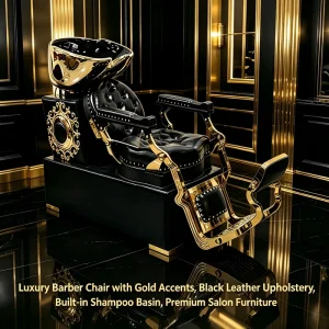 Luxury Black Gold Shampoo Chair with Reclining Design Tufted Leather Salon Hair Washing Station with Gold-Plated Basin