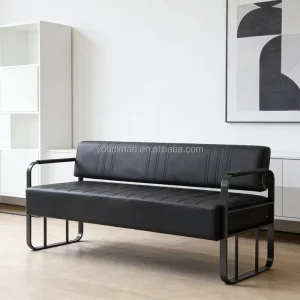 Luxury Black Leather Barbershop Waiting Sofa with Gold Frame Modern Salon Reception Bench for Hairdressing Shop