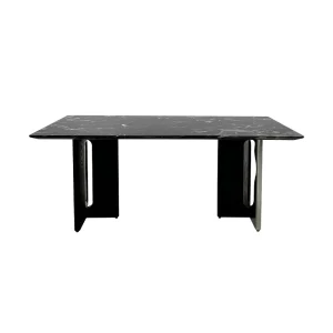 Luxury Black Natural Marble Modern Rectangle Dining Table with Matte Black & Chrome Legs Dining Room Furniture