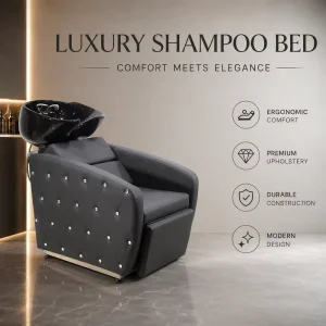 Luxury Black Salon Shampoo Backwash Unit with Black Ceramic Basin and Crystal Tufted Upholstery