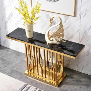 Luxury Black Sintered Stone Console Table Gold Hollow Stainless Steel Base Custom Entryway Table for Hallway Entrance Home Decor