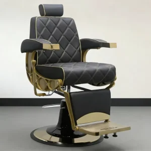 Luxury Black and Gold Barber Chair with Diamond Stitching Adjustable Reclining Backrest and Hydraulic Base for Barbershop Use