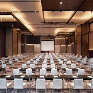 Luxury Blue Fabric Stackable Banquet Chairs and Folding Conference Tables for Hotel Ballroom Meeting Hall