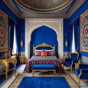 Luxury Blue Gold Hotel Furniture Hotel Bedroom Furniture Uzbekistan Design for High End Historic Resort Suites