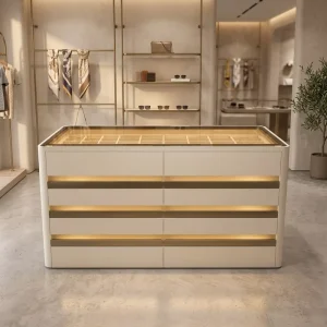 Luxury Boutique Jewelry Display Cabinet Plywood Cream Matte LED Showcase Island Five Tier Illuminated Eco Friendly Durable