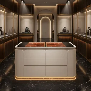 Luxury Boutique Jewelry Display Cabinet Terracotta Velvet Lined LED Showcase Island Four Drawer Commercial Retail Counter Custom