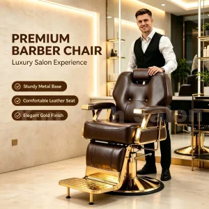 Luxury Brown Leather Barber Chair Gold Plated Frame Hydraulic Reclining Salon Chair 360 Swivel Barbershop Shaving Chair