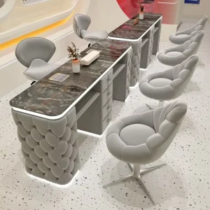 Luxury Bubble Tufted Nail Table Marble Top Manicure Desk With LED Light Drawers for Beauty Nail Salon