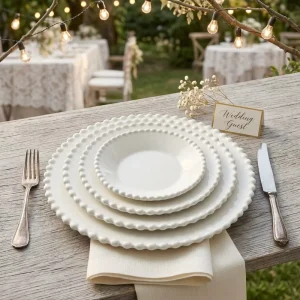 Luxury Ceramic Charger Plate White Pearl Beaded Porcelain Dinnerware Set for Wedding Events Restaurant Catering Tableware Set