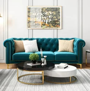 Luxury Chesterfield Green Velvet Square Sectional Sofa Set with Wood Legs Upholstered Three Seat