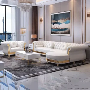 Luxury Chesterfield Sofa Set Modern Leather Solid Wood Frame Comfortable for Apartment Villa Living Room Hotel Office
