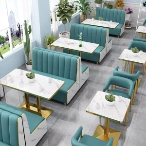 Luxury Coffee Shop Dining & Home Bar Booth Seating Set with PU Leather Sofa Bench Wooden Table and Chairs