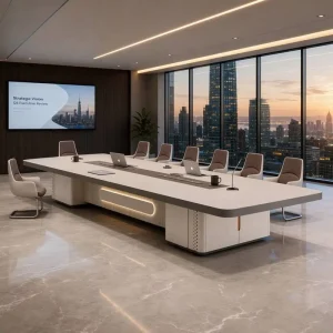 Luxury Conference Table E0 Board LED Light Built in Power Strip 50mm Top Aluminum Corner Large Meeting Desk OEM Custom Size