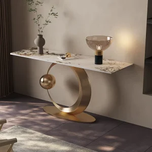 Luxury Console Table Modern Marble Stainless Steel Brushed Gold Thin Stone Top Hallway Tables