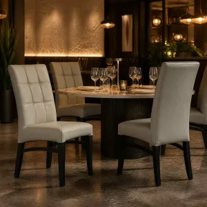 Luxury Contemporary Fine Dining Event Wedding Padded Leather Rubberwood Closed Pore Lacquer Restaurant Table Set