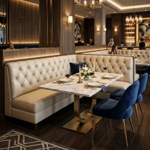 Luxury Contemporary Restaurant Booth Set with Cream Tufted Leather Sofa and White Marble Table with Velvet Chairs