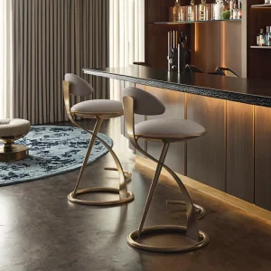 Luxury Creative Design Bar Chair Hotel High End Restaurant Gold Stainless Steel Genuine Leather High Foot Chair
