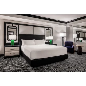 Luxury Dark Wood Hotel Furniture Set with Geometric Design Bespoke 5 Star Casino Resort Bedroom Suite & Marble Bathroom Vanity