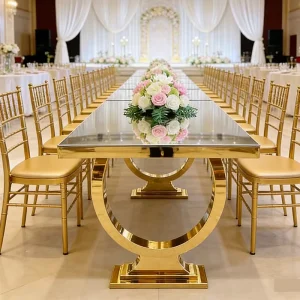 Luxury Design Glass Dining Table Hotel Commercial Wedding Banquet Restaurant Stainless Steel Metal Table