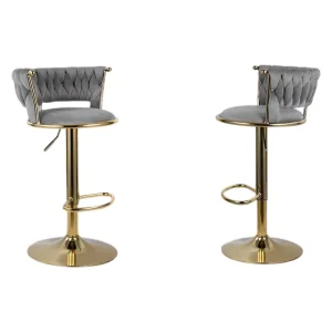 Luxury Diamond Tufted Bar Stool Gold Metal Frame 360 Swivel Height Adjustable Base Barstool for Home Counter Lounge