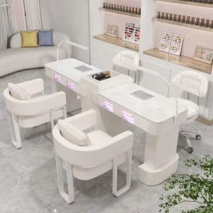 Luxury Double Nail Salon Table Set with Purple LED Wireless Charging Dust Collector for Nail Salon Shop Full Package