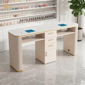 Luxury Double Nail Table with Built-in Dust Collector Modern Manicure Station with Roman Column Legs Gold Accents Beauty Salon
