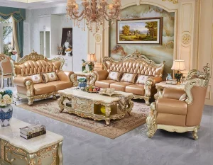 Luxury European Double sided Hand Carved Square Leather Sofa with Sponge Filling High quality for Living Room Hotel Villa