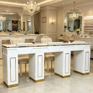 Luxury European Style Beauty Salon Furniture Three Person Nail Manicure Desk With Stone Table Top