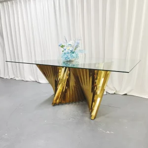 Luxury Event Glass Top Banquet Table Gold Stainless Steel Base Dining Table Hotel Wedding Event