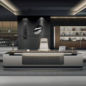 Luxury Executive Desk with Gold Trim Fluted Panel LED Shelving and Chair for Complete Prestige Office Suite