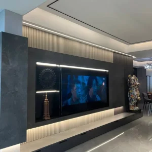 Luxury Floating TV Unit with Integrated Shelving Hidden Drawers and Ambient LED Lighting for Contemporary Living Room