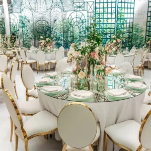 Luxury Furniture Gold Stainless Steel Stacking Leather Event Banquet Wedding Tables Chair for Hotel