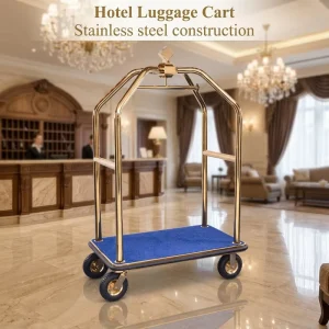 Luxury Gold Chrome Hotel Luggage Cart Bellman Trolley with Hanging Bar and 8 Inch Pneumatic Wheels 200kg Capacity