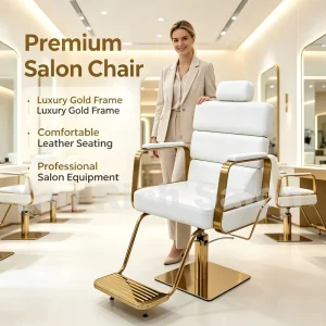 Luxury Gold Frame Barber Chair Modern Salon Styling Chair with Hydraulic Lift 360° Swivel High Density Cushion for Hair Salon