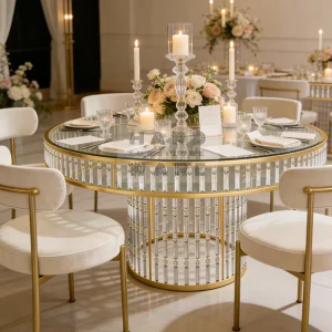 Luxury Gold Frame Crystal Column Base Tempered Glass Top Event Furniture Party Rental Tables