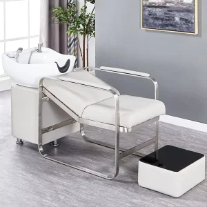 Luxury Gold Frame Salon Shampoo Chair White Ceramic Basin Hair Washing Station with Matching Foot Stool for Beauty Barbershop