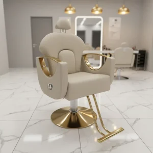 Luxury Gold Frame Square Barber Chair Beige PU Leather Hydraulic Durable Ergonomic Reclining Salon Barber Shop