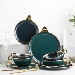 Luxury Gold Green Gold Blue Eco Friendly Ceramic Restaurant Dinner Set with Ring Handle Customized Logo