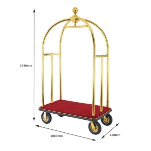 Luxury Gold Hotel Bellman Luggage Trolley Cart with Red Carpet Platform and Stainless Steel Frame