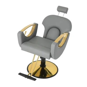 Luxury Gold Hydraulic Salon Chair Light Beige PU Leather Swivel Barber Chair Headrest Footrest Reclining Height Beauty Salon