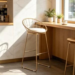 Luxury Gold Metal Wire Bar Stool White Cushioned Seat Modern Footrest Included Home Bar Dining Kitchen Islands BSCI Certified