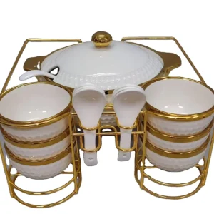 Luxury Gold Rim Commercial Ceramic Soup Pot and Bowl Set Big Capacity Dishwasher Safe Non-Stick Coating