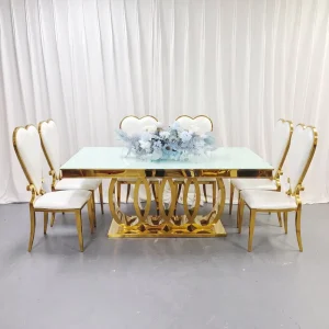 Luxury Gold Stainless Steel Bridal Dining Table Tempered Glass Countertop Dining Table Suitable for Party Rental Decoration