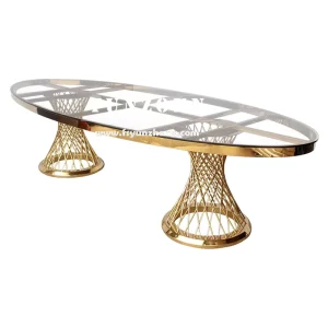 Luxury Gold Stainless Steel Oval Table and Chairs Set for Wedding Parties and Hotel Furniture