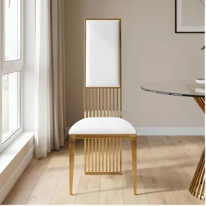 Luxury Gold Stainless Steel Square Frame Vertical Slat High Back Dining Chair White Cushion for Hotel Villa Wedding Banquet