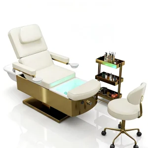 Luxury Golden Barber Salon Furniture Washing Chair Bed Electric Adjustable Shampoo Bed Head Spa Equipment with Foot Spa Tub