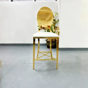 Luxury Golden Stainless Steel Bar Stool Oval Back White Cushion High Bar Chair for Wedding Hotel Event Party Furniture