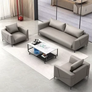Luxury Grey Italian Furniture Living Room Lounge Lobby Hotel Office Sectional Genuine Leather Waist Pillow Small Sofa Set
