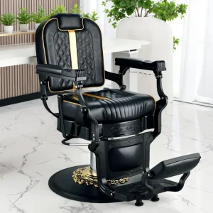Luxury Heavy Duty Barber Salon Chair Black Gold Durable Portable Styling Workshop Use Synthetic Leather Height